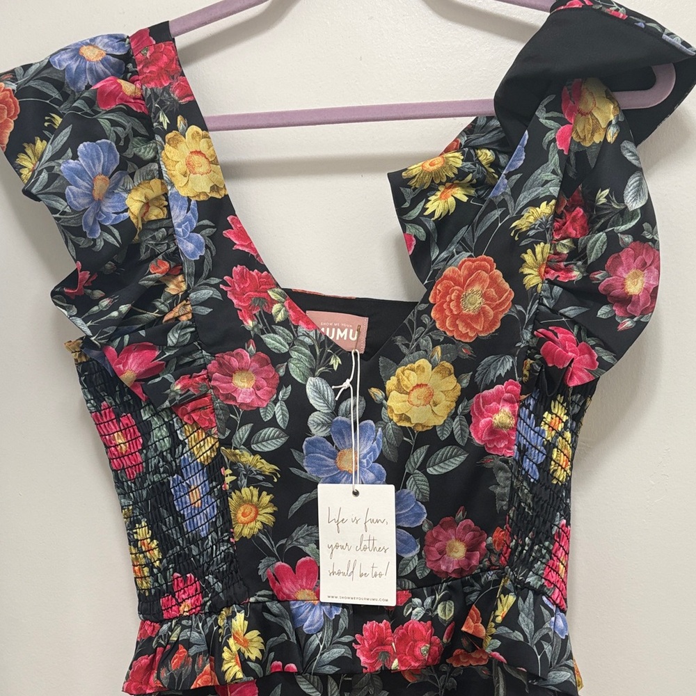 Show Me Your MuMu Black Floral Ruffle-Strap Midi Dress - Picture 4 of 6